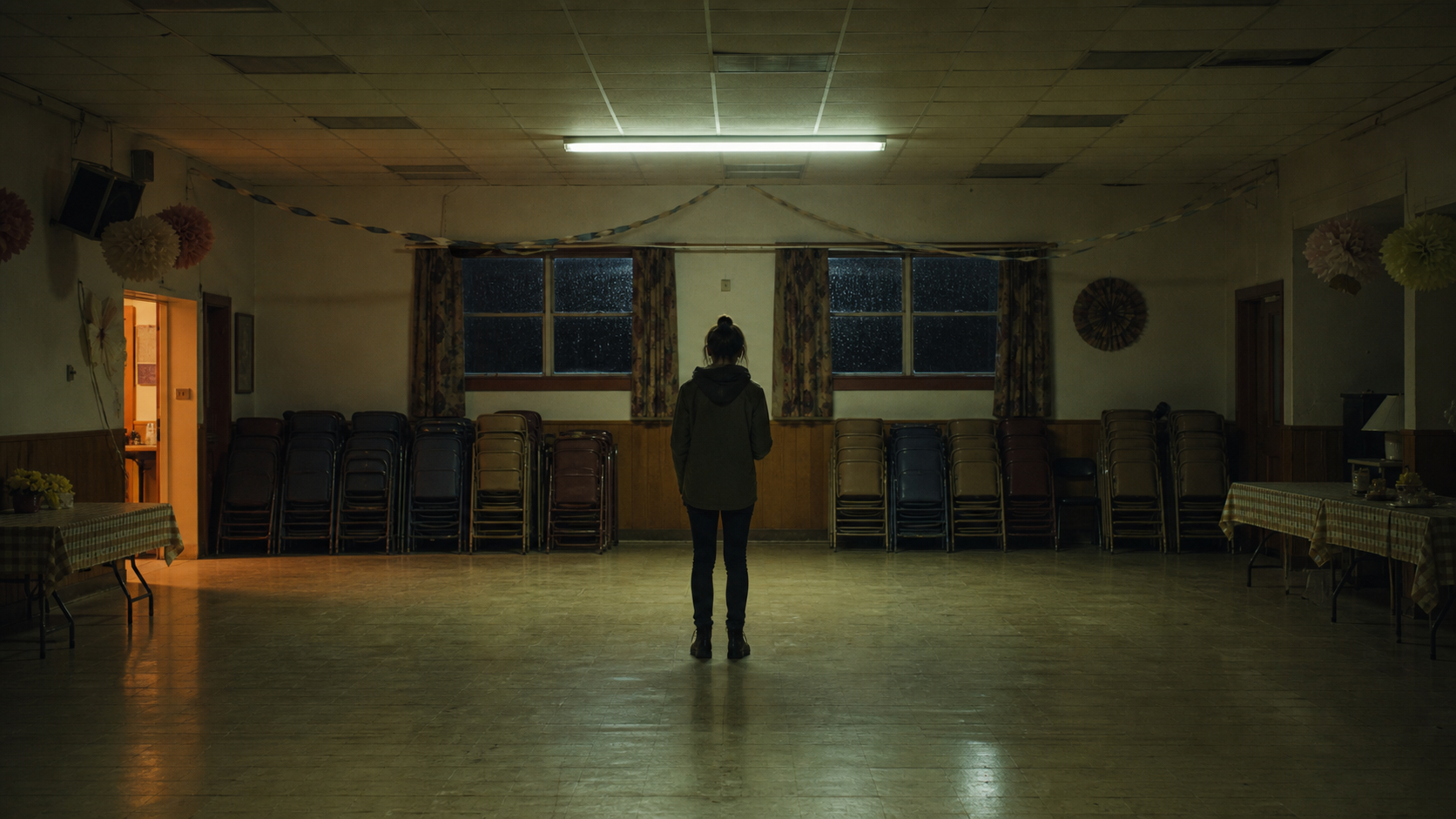 A lone figure in a community hall surrounded by stacked chairs