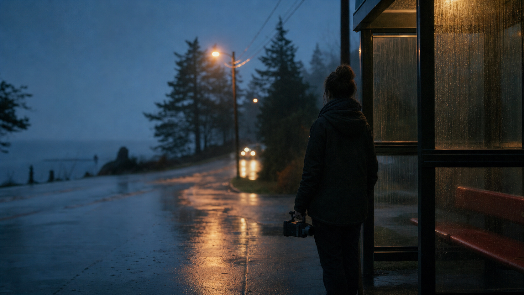 A filmmaker holding a camera beside a rain-soaked coastal bus shelter